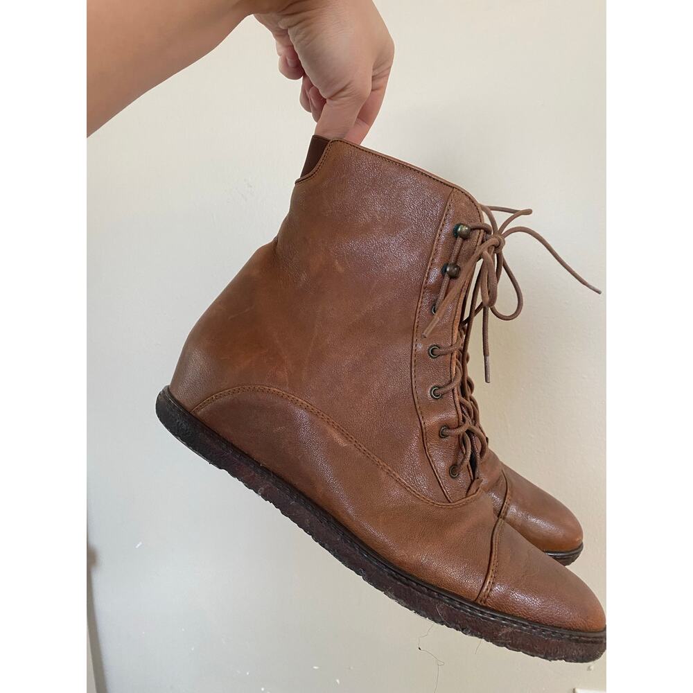 Stuart Weitzman Brown Leather Lace Up Ankle Boots Hidden Wedge Combat Size 8.5